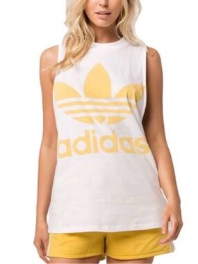 adidas White Tank with Yellow Trefoil Logo